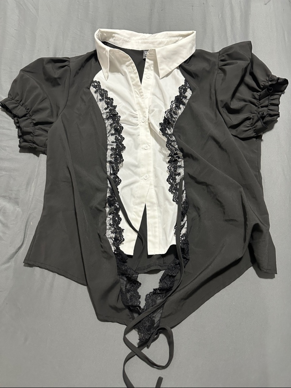 SHEIN Black & White Lace-Trim Button Down Puff Sleeve Top